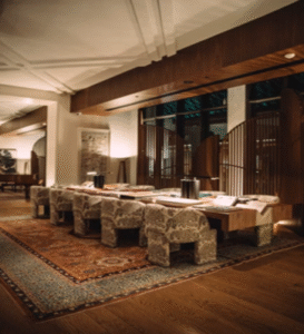 Cozy luxury hotel lobby interior with elegant furnishings and warm lighting
